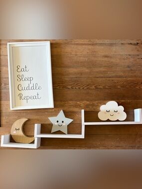 Baby Nursery decor White Wall Shelf w/ Smiling star/moon/cloud & wooden art. EUC